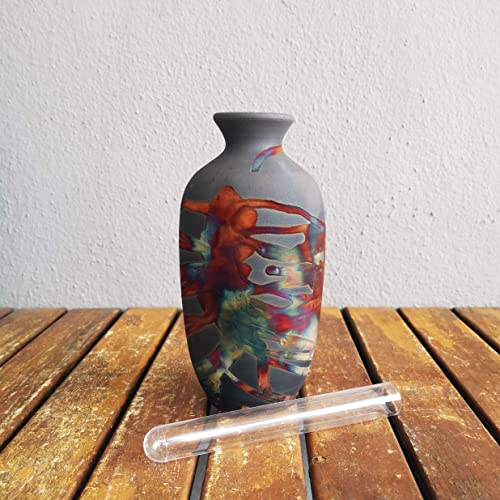 RAAQUU Koban 7" Raku Clay Pottery Home Decor Vase - Carbon Half Copper Matte - Boho Wall Art