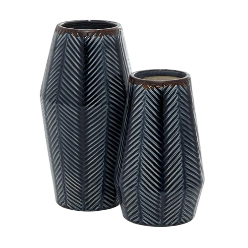 Deco 79 Ceramic Handmade Decorative Vase Chevron Centerpiece Vases, Set of 2 Flower Vases for Home Decoration 11", 8"H, Dark Blue