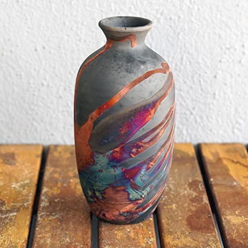 RAAQUU Koban 7" Raku Clay Pottery Home Decor Vase - Carbon Half Copper Matte - Boho Wall Art